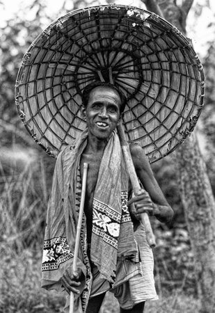 Oriya tribel man with Traditional Umbrel Colorful clothes Dhaoli near Bhubaneswar Orissa INDIAのeditorial素材