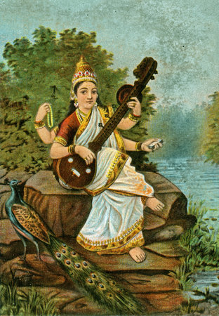 12 19 2019 Vintage old Hand-Tinted picture postcard of Shri saraswati devi is goddess of knowledge Studio shot Kalyan Maharashtra Indiaのeditorial素材