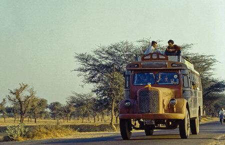 05 28 2021 Vintage A veteran, DIY-cabbed Tata 1210  Bus going to Dundlod  Shekhawati region Jhunjhunu district Rajasthan India.のeditorial素材