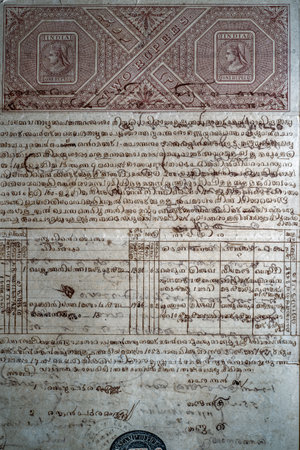 11 10 2014 vintage handwriting Fiscal Court fee Revenue Stamp Paper with undefined text. handwritten text. manuscript.Lokgram Kalyan Maharashtra Indiaのeditorial素材