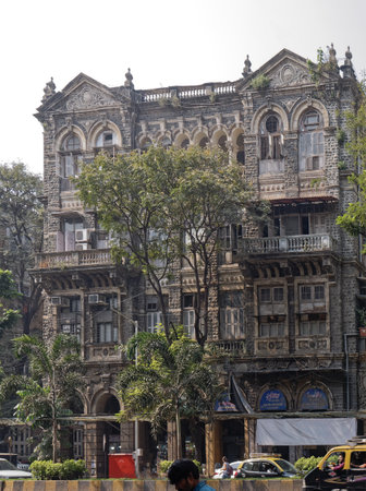 12 31 2019 National Insurance Building Facade Detail The Victorian Gothic and Neo classical Stone blend D N Road Mumbai, Maharashtra, Indiaのeditorial素材