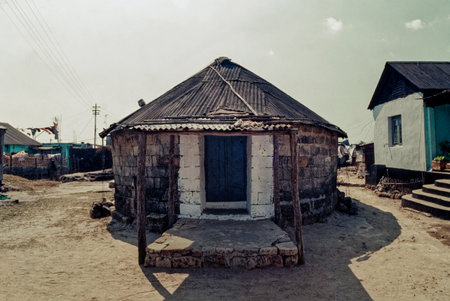 03 04 2019 Typically Built Old Stone House, in Poor Condition, Metal Roof. Shillong Meghalaya Indiaのeditorial素材