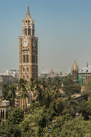 04 29 2011 Vintage Old Rajabai Clock Tower from Watson Hotel now Esplanade Mansions at Kala Ghoda Mumbai Maharashtra Indiaのeditorial素材