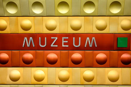 PRAGUE - JULY 20, 2019: Muzeum Station sign on a colourful wall on the Prague Metroのeditorial素材