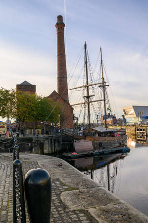 The Pump House and a Tall Ship in Canning Dock, Liverpool. Part of the redevelopment of the Albert Dock and surrounding areas.のeditorial素材
