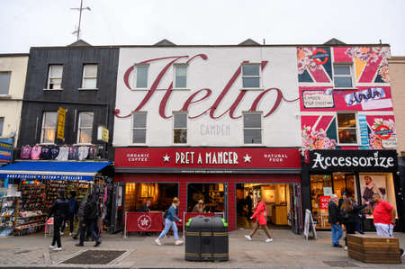LONDON - SEPTEMBER 30, 2019: Colourful artwork on the front of shops and coffee bars on Camden High Streetのeditorial素材