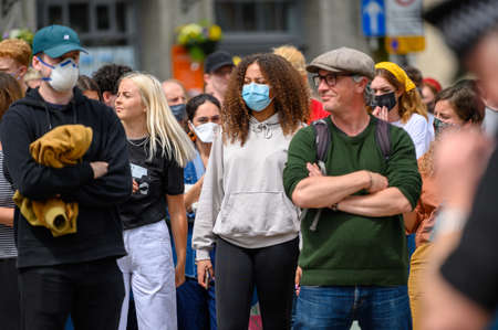 Richmond, North Yorkshire, UK - June 14, 2020: Protesters at a Black Lives Matter Protest meeting. Some wear PPE Face Masks.のeditorial素材