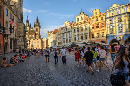 PRAGUE - JULY 20, 2019: View of brightly painted old buildings towards The Church of Our Lady before TÃ½n in the backgroundのeditorial素材