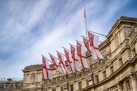 LONDON - May 18, 2022: White Ensign flags hanging from Admiralty Arch in London, for the Platinum Jubilee Celebrationsのeditorial素材
