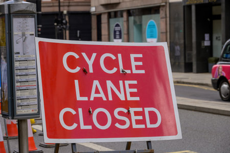 LONDON - May 21, 2022: Cycle Land Closed temporary traffic sign at side of roadのeditorial素材