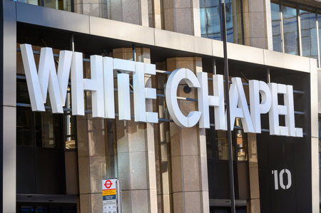 LONDON - November 2, 2020: Large Whitechapel lettering on the side of The Whitechapel Buildingのeditorial素材