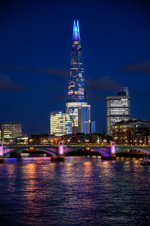 LONDON - November 2, 2020: The Shard and Southwark Bridge illuminated at nightのeditorial素材