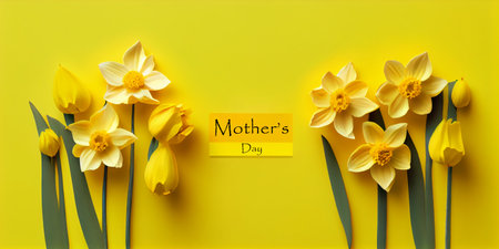 Yellow daffodils laid flat on a yellow background create a charming and beautiful web banner header for Mother's Day. Generative AI.の素材