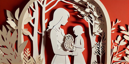 A beautiful paper art silhouette of a mother and daughter on a red backdrop. Generative AI.の素材