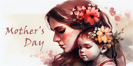 Mother's Day watercolor banner featuring a stunning painting of a mother and daughter. Generative AI.の素材