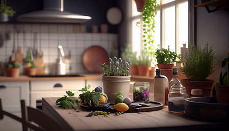This inviting kitchen and dining area features plenty of houseplants and rustic decor. Generative AI.の素材