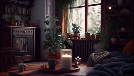 A cozy, lightly lived-in living room with plants and candles. Generative AI.の素材