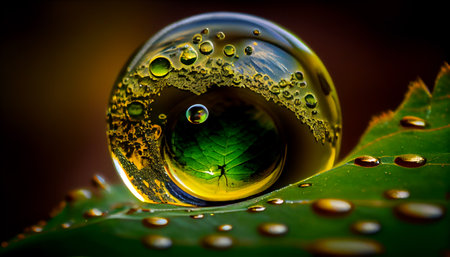 Computer-generated close-up macro image of a water droplet on a green leaf. Generative AI.の素材