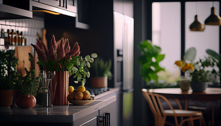 Lightly lived in kitchen and dining space with pops of greenery and natural light. Generative AI.の素材