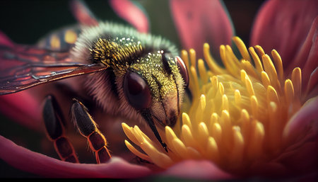 An extreme macro shot of a bee on a flower, capturing the intricate details of the insect and the pollen. Generative AI.の素材