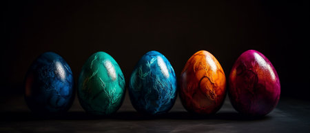 A row of vibrant and colorful hand-painted Easter eggs illuminated by dramatic and cinematic studio lighting. Generative AI.の素材