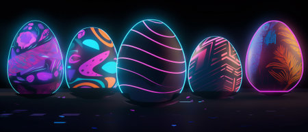 Neon lights accentuate the patterns and colors of these digital Easter eggs. Generative AI.の素材