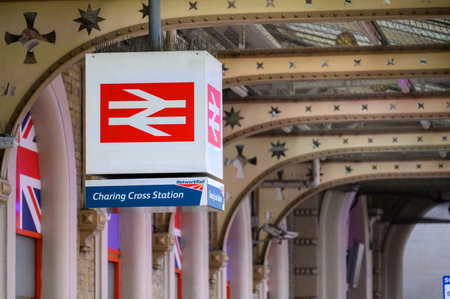 LONDON - November 13, 2022: A symbol of London's historic railway system, this vintage sign outside Charing Cross station is a must-see for any transportation enthusiast.のeditorial素材