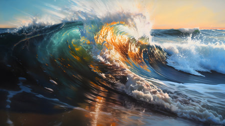 A stunning piece of hyper-realistic art, combining watercolor pencil and luministic oil painting techniques to create a breathtaking wave crashing on a beach. Generative AI.の素材