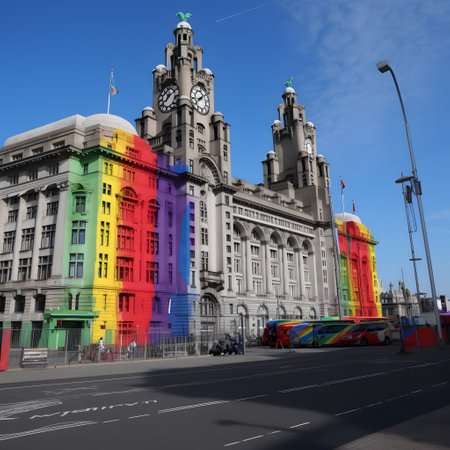 Digital illustration of Liverpool's iconic Liver Building with colourful rainbow stripes representing inclusivity and diversity at the Eurovision Song Contest in Liverpool. Generative AI.の素材