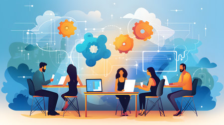 Explore the world of tech startup collaboration through this colorful graphic digital illustration concept art.の素材