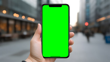 Present your digital device or app design effectively using this smartphone mockup with a blank screen in an out of focus street scene.の素材