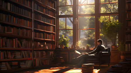 Escape to a serene library setting through this captivating digital art.の素材