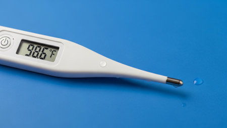 A digital thermometer showing a high fever temperature reading, indicating a potential health concern.の写真素材