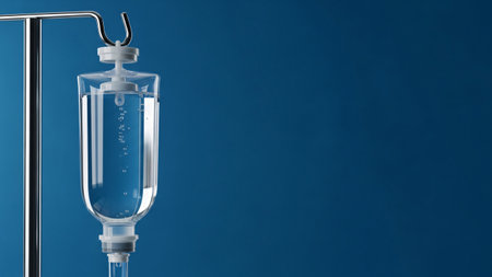 Close-up of an intravenous drip with clear liquid solution against a blue background.の写真素材