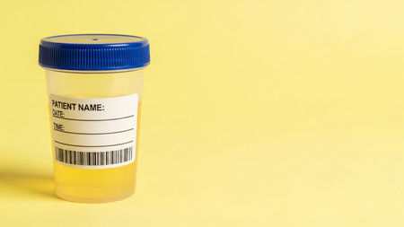 A urine sample in a clear container with a blue lid, ready for medical testing and analysis.の写真素材