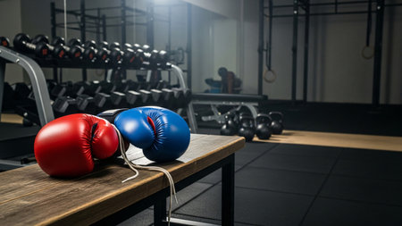 Red and blue boxing gloves on a wooden bench in a gym setting.の写真素材