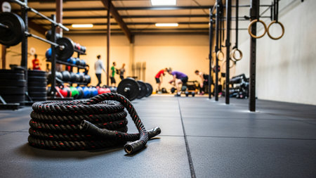 A gym with various equipment and people exercising.の写真素材