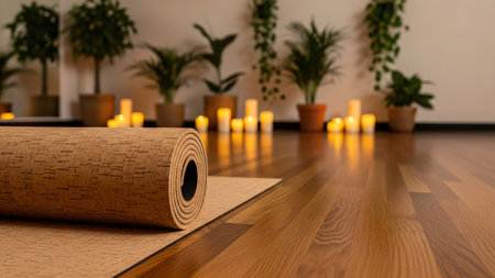 A yoga studio with a rolled mat, candles, and plants.の写真素材