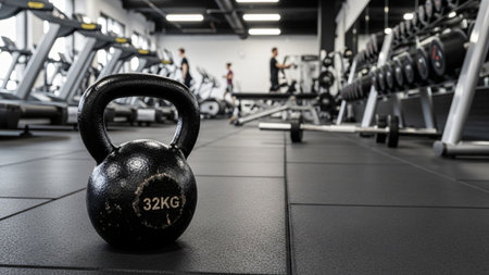 A black kettlebell in a gym setting, with other equipment in the background.の写真素材
