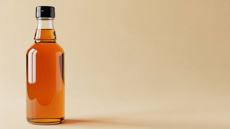 A clear glass bottle filled with amber liquid, possibly whiskey or brandy, against a neutral background.の写真素材