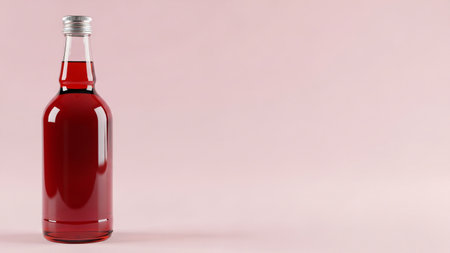 A clear glass bottle filled with a vibrant red liquid, possibly juice or a beverage, set against a soft pink background.の写真素材