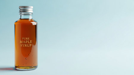 A clear glass bottle filled with amber maple syrup, set against a light blue background.の写真素材