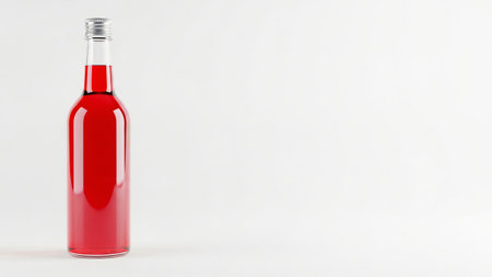 A clear glass bottle filled with a vibrant red liquid, isolated on a white background.の写真素材