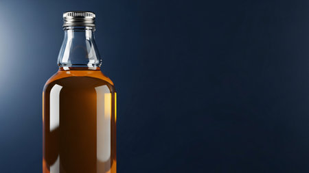 A clear glass bottle containing a golden-brown beverage, set against a deep blue backdrop with subtle lighting.の写真素材