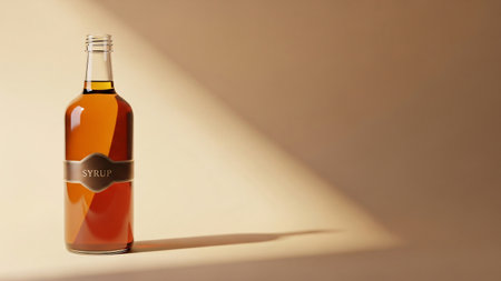 A clear glass bottle filled with amber-colored liquid, casting a long shadow under dramatic studio lighting.の写真素材