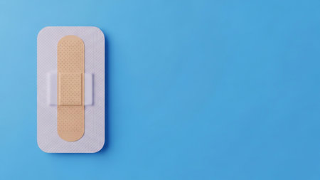 A single medical bandage is placed on a vibrant blue background, offering a clean and simple visual.の写真素材