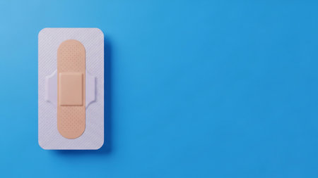 A single beige bandage in its clear plastic packaging, isolated on a vibrant blue background. Top-down view.の写真素材