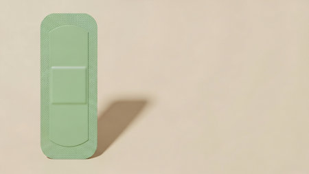 A single green bandage with a shadow, isolated on a plain beige surface. Simple and clean.の写真素材