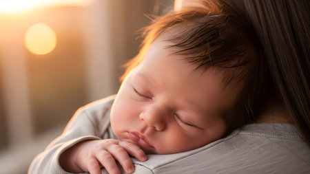 Close up of a newborn baby peacefully sleeping on someones shoulder during golden hour outdoors