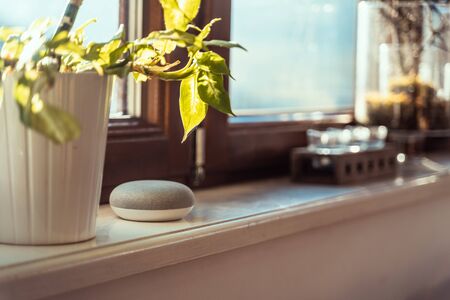 voice controlled smart speaker in a interior home environment. Smart AI speaker conceptの写真素材